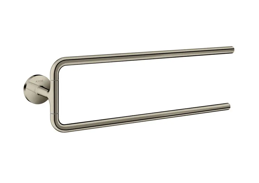 Two-arm towel holder in polished nickel finish mounted on a wall, featuring a circular base with the AXOR logo.